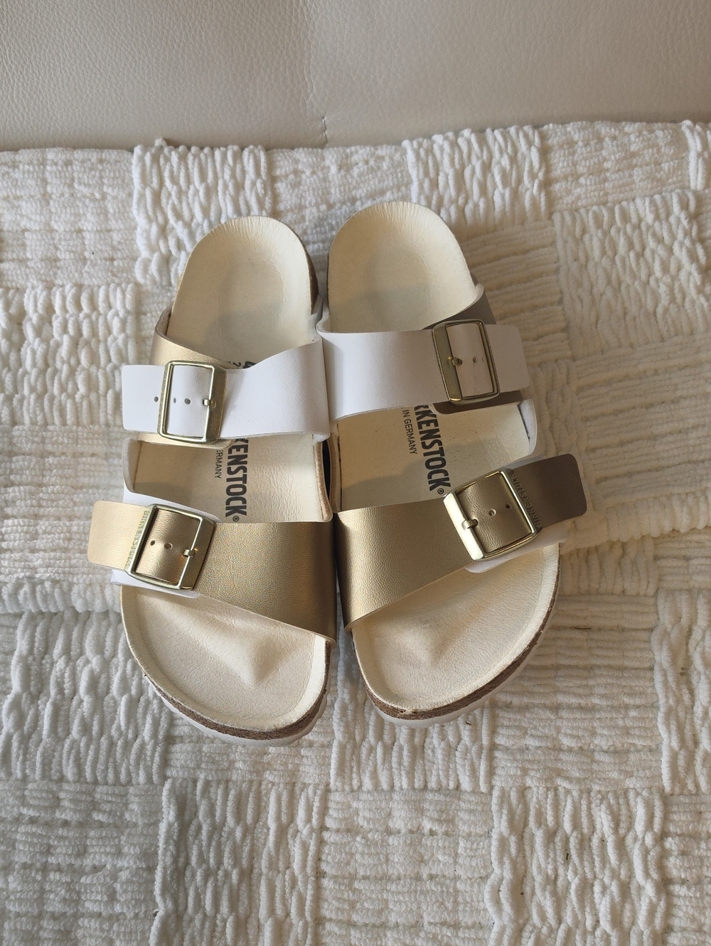 Birkenstock White and Gold Double Strap Buckle Sandals